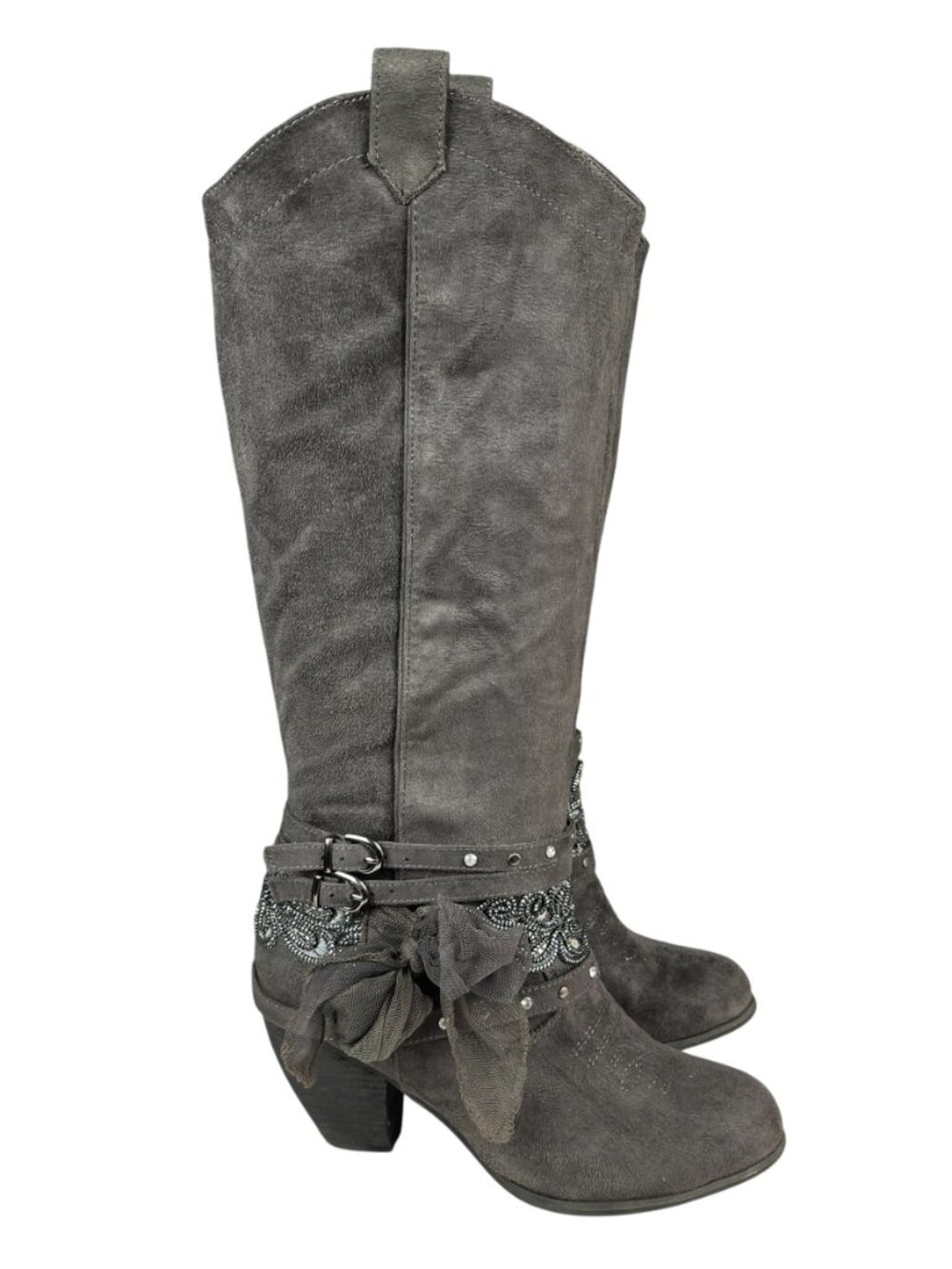 Not Rated Knee-High Boots 8.5 Gray Faux Suede Embellished Western Rhinestone